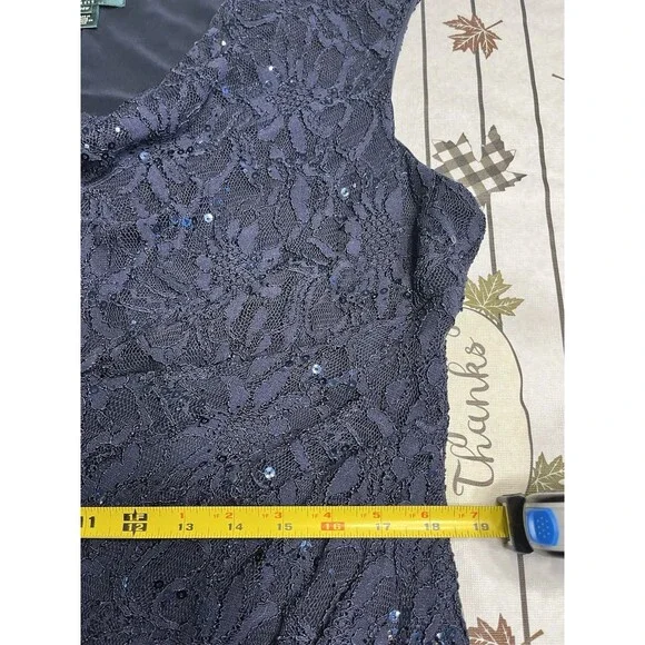 Lauren Ralph Lauren Lace Sequence Ruched Asymmetrical Navy Blue Dress 16W - Picture 9 of 13
